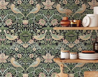 Peel & Stick Wallpaper - William Morris Strawberry Thief Pattern - Removable Pre-pasted Wallcovering - Wall Mural by Green Planet Home Décor