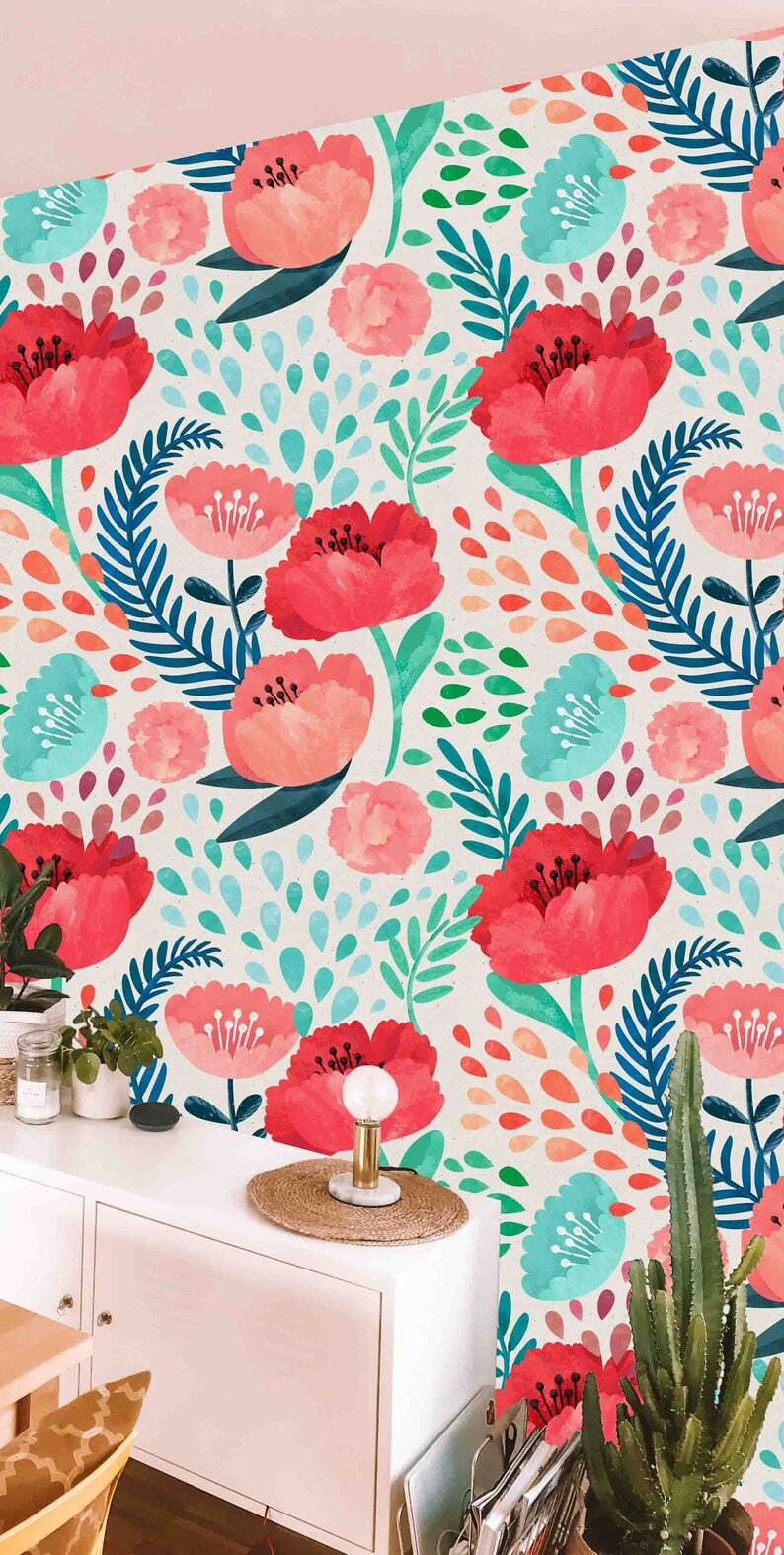 Cute Floral Wallpaper Removable Wallcovering Peel and | Etsy