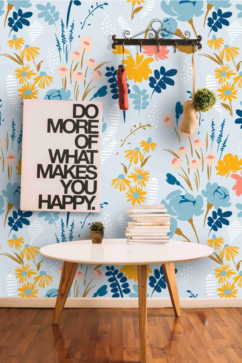 Selfadhesive Removable Wallpaper Blue Abstract Floral Etsy