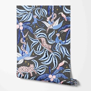 May include: A dark blue and white wallpaper pattern with blue monkeys, pink toucans, and black and white leopards on a dark blue background. The pattern also includes blue and white palm trees and gold stars.