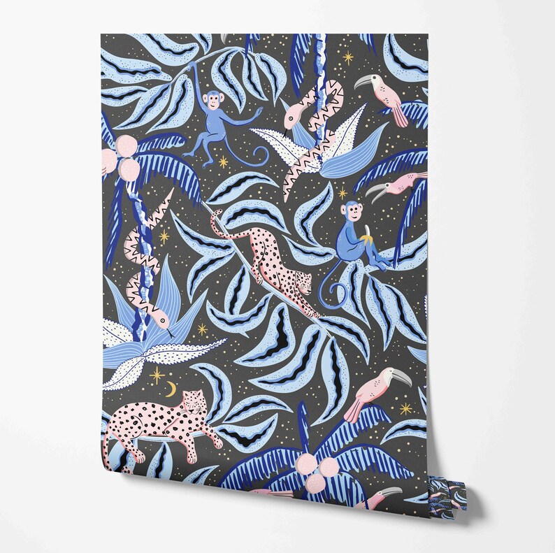 May include: A dark blue and white wallpaper pattern with blue monkeys, pink toucans, and black and white leopards on a dark blue background. The pattern also includes blue and white palm trees and gold stars.