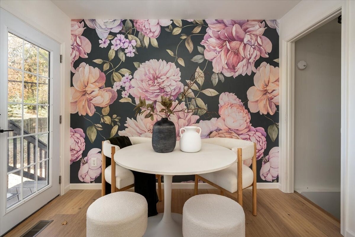 Peony Wall Mural Wallpaper - Pink Floral Illustration - Green Hues ...