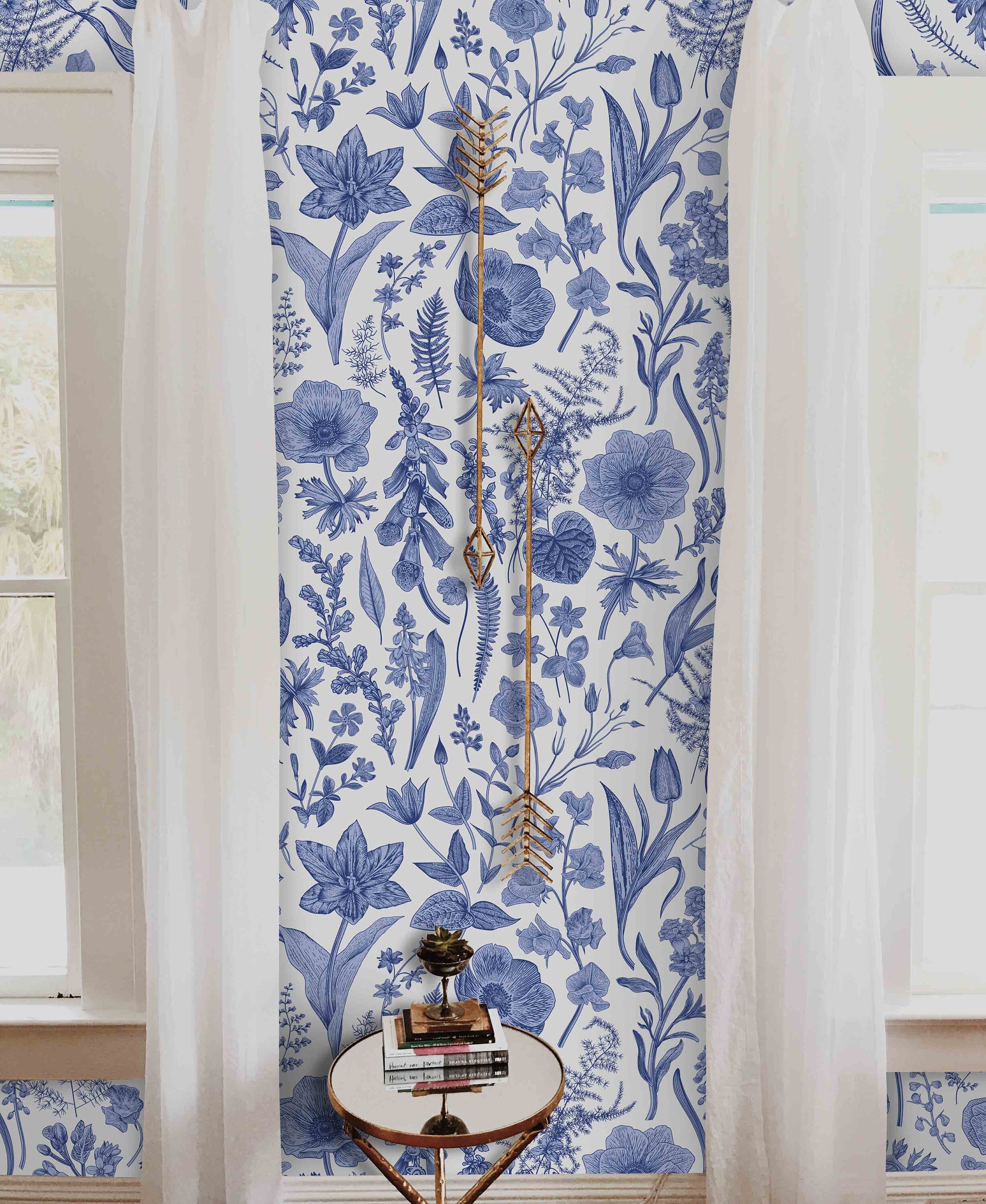 Removable Self Adhesive Wallpaper Vintage Blue Floral Etsy