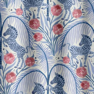 May include: A repeating pattern featuring zebras in blue and white stripes, set against a backdrop of stylized blue foliage and pink flowers. The design has a whimsical, artistic feel, suitable for fabric or wallpaper.