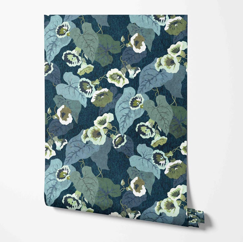 May include: A blue and green floral wallpaper with a repeating pattern of stylized flowers and leaves.