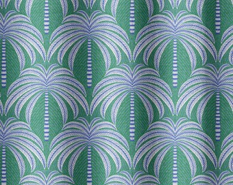 May include: A seamless pattern featuring white palm trees with blue outlines on a teal green background.