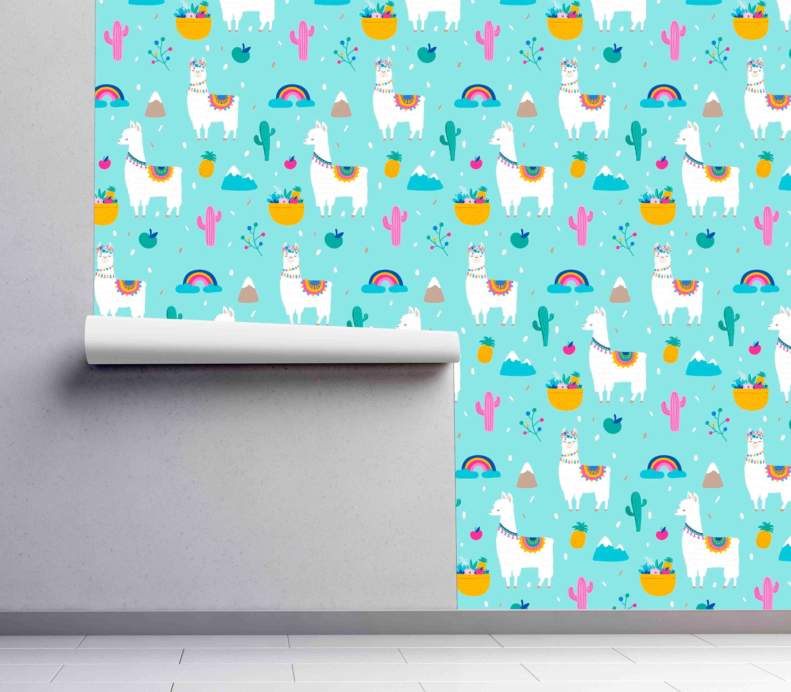 Cute Turquoise Wallpaper with Llamas and Rainbows Pattern | Etsy