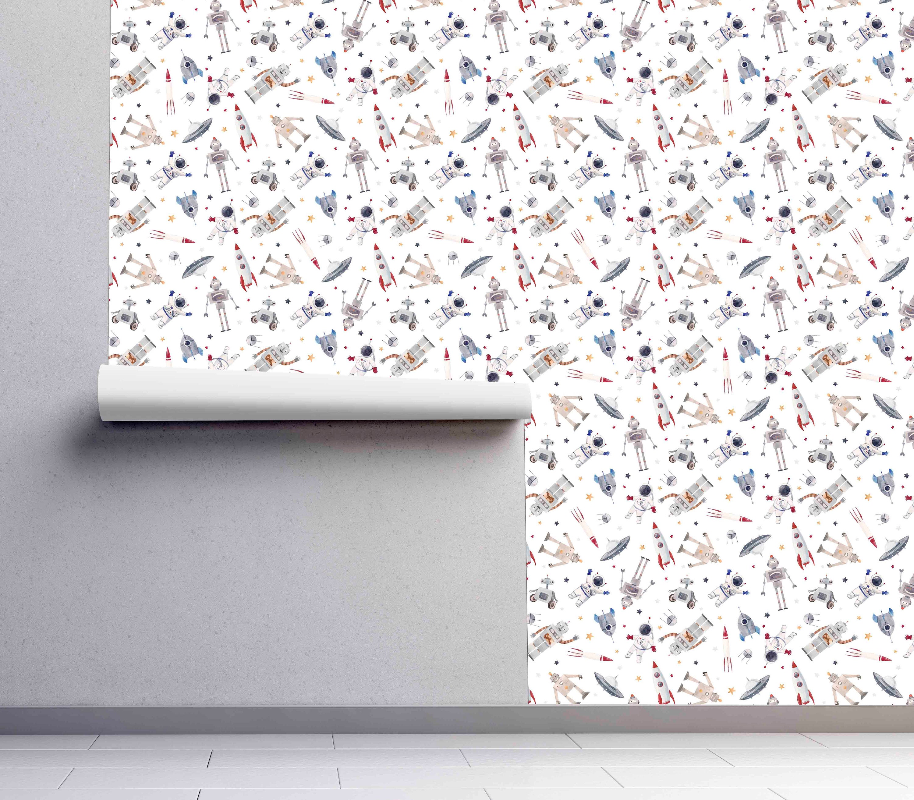 Woven Peel & Stick Kid's Wallpaper Removable Self Adhesive Wallpaper Pre-pasted Wallpaper Robots in Cosmos Pattern Wallcovering