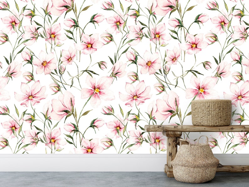 Pink Floral Wallpaper Removable Vinyl Wallpaper Self | Etsy