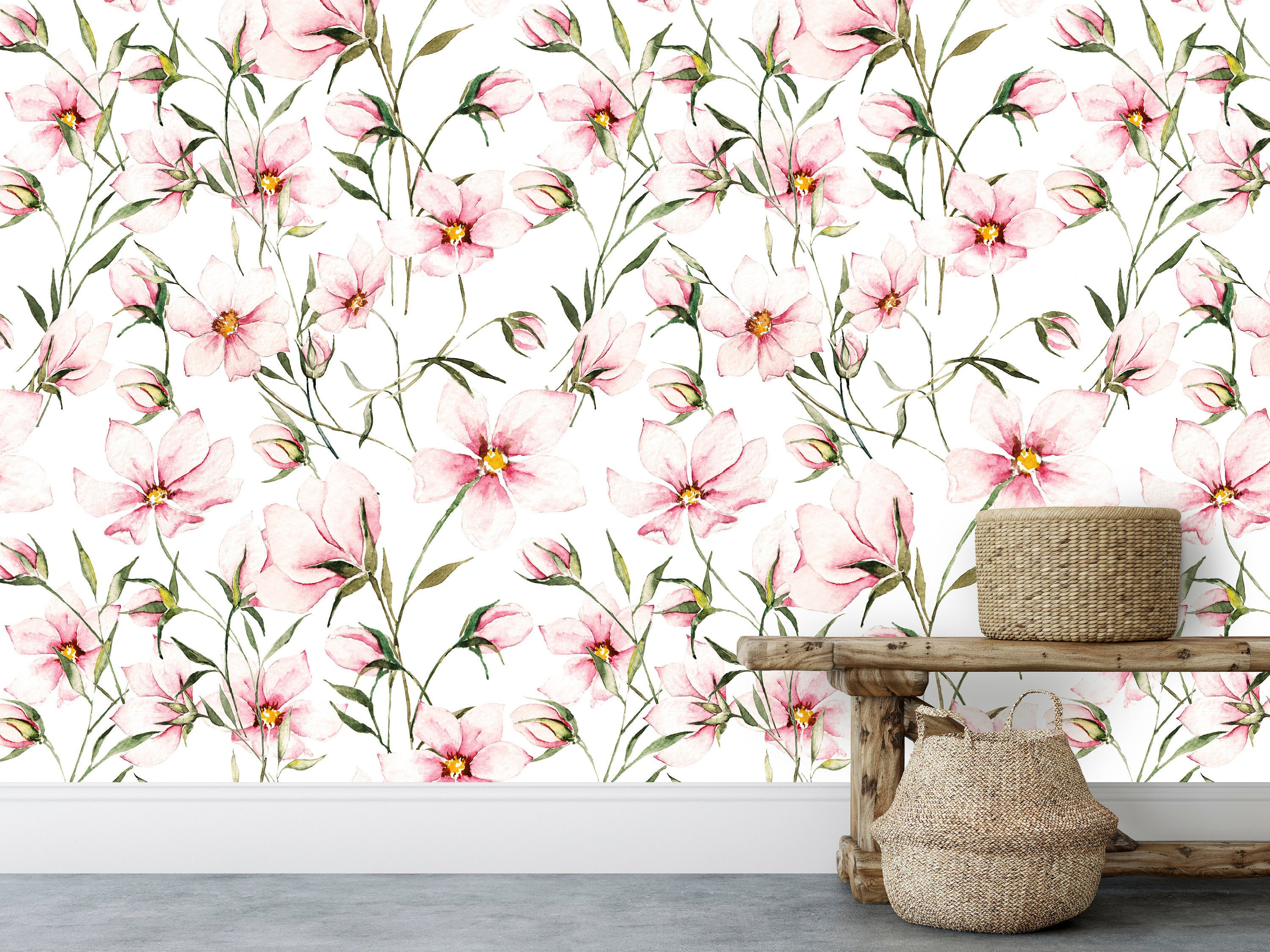 Pink Floral Wallpaper Removable Vinyl Wallpaper Self | Etsy