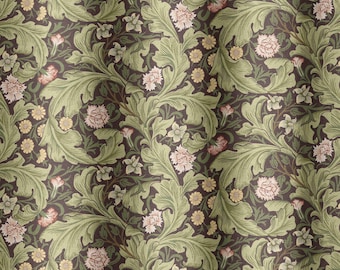 May include: A seamless pattern featuring a repeating design of stylized green leaves, pink flowers, and yellow flowers on a dark brown background.