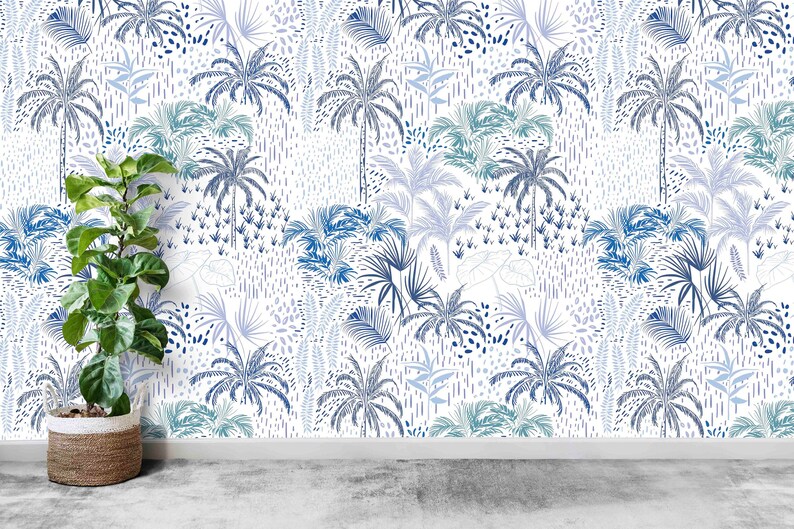 Shades of Blue Tropical Wallpaper Peel and Stick Self Etsy