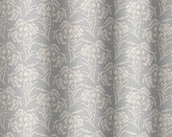 May include: A gray fabric with a white floral pattern. The fabric has a subtle texture and a slightly wrinkled appearance.