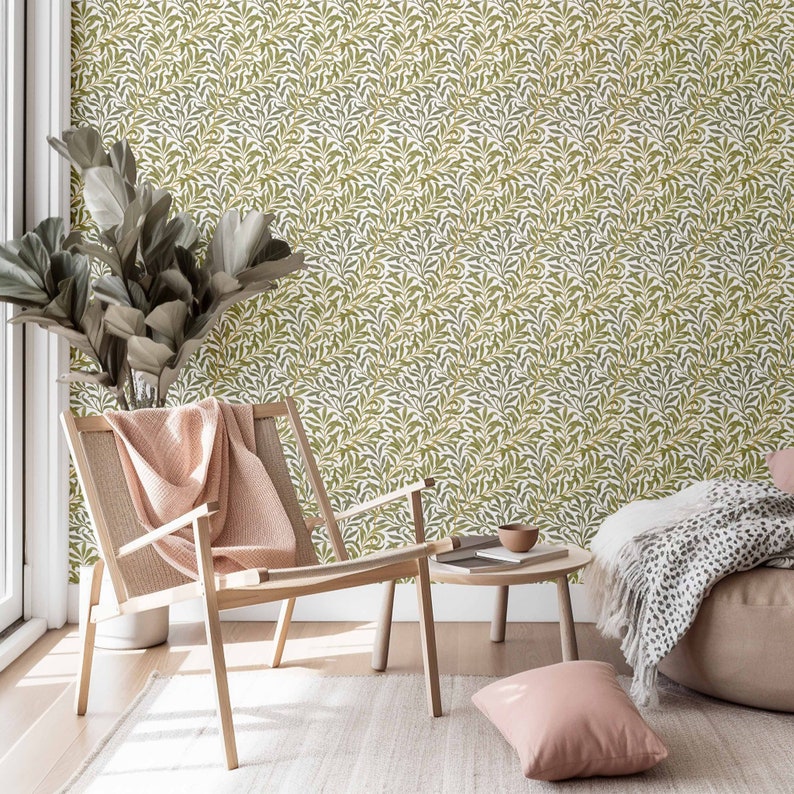 Peel & Stick Wallpaper William Morris Willow Bough Pattern Light Pink Background Removable Pre-pasted Wallcovering Wall Murals by GP image 2