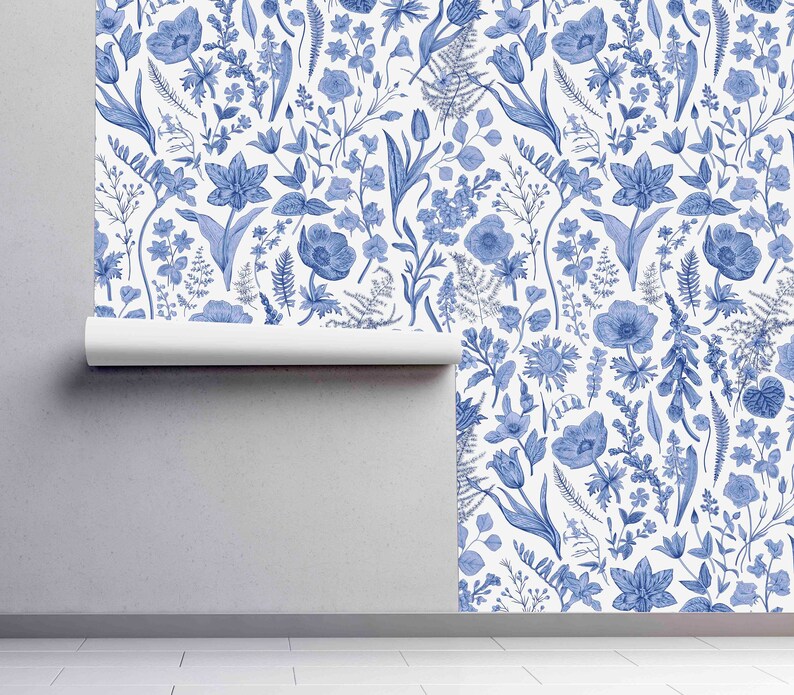 Removable Self Adhesive Wallpaper Vintage Blue Floral Etsy