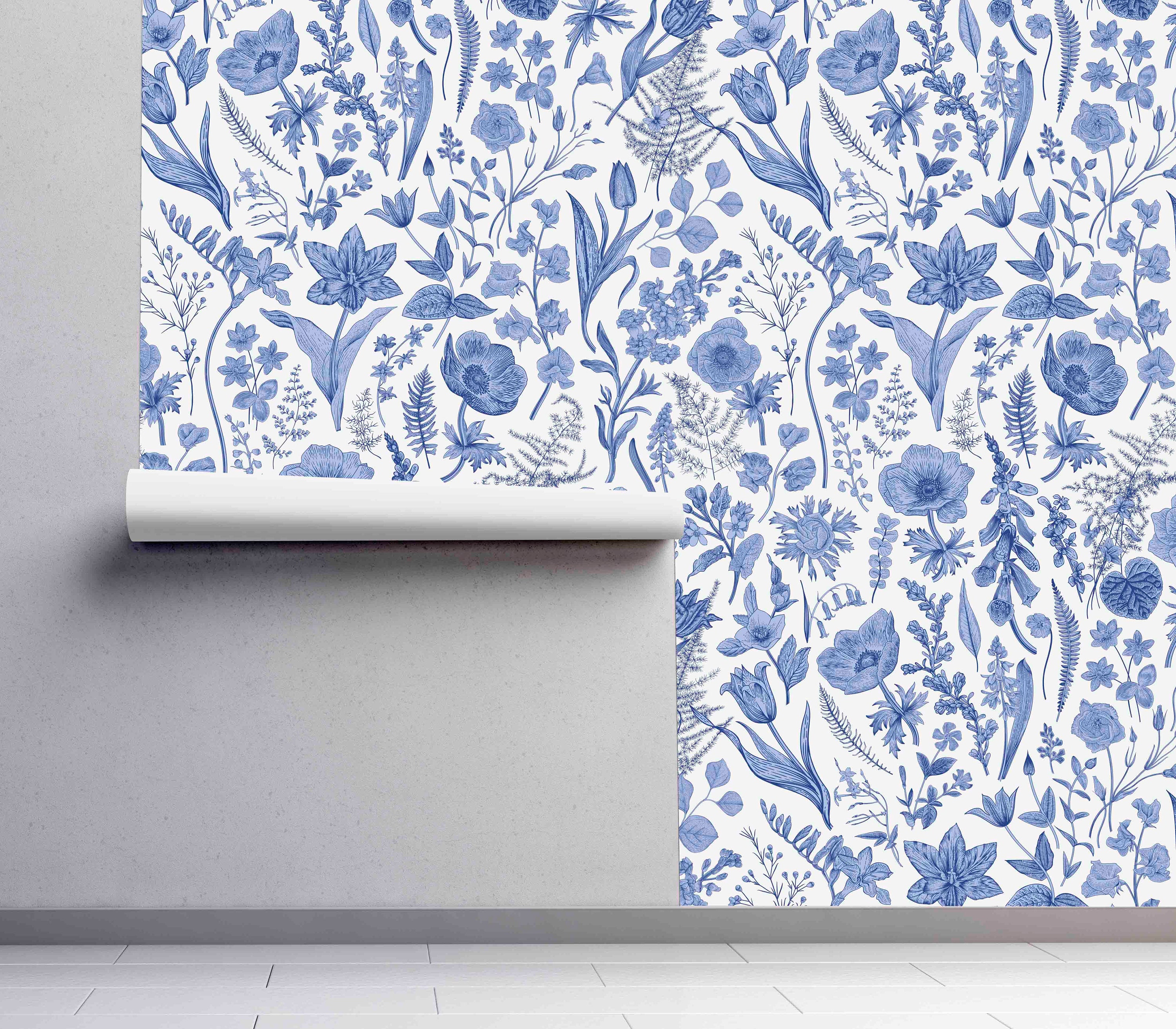 Blue Vintage Floral Wallpaper