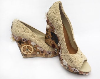 Size 8.5 OOAK macrame and cork platforms / OOAK platform macrame and cork wedges /