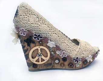 Size 8.5 OOAK macrame and cork platforms / OOAK platform macrame and cork wedges /