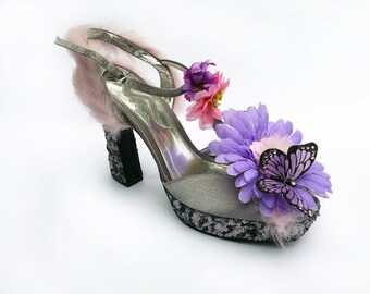 Size 10 Purple flower and butterfly sandals / size 10 OOAK platform sandals / size 10 custom gray  heels / purple silver sequin platform