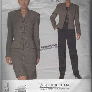 Vogue 2047 Amerykańska projektantka Anne Klein Misses Kurtka Spódnica Spodnie Wzór do szycia Rozmiar 14-16-18 Kurtka pół dopasowana Prosta spódnica Spodnie zwężane