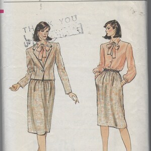 1980s Vintage Vogue 8107 Misses Jacket Skirt Blouse Tie Sewing Pattern Size 10 Semi Fitted Jacket Shoulder Pads Dirndl Skirt Vintage 1980s