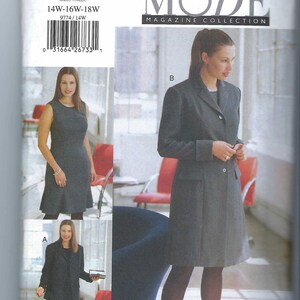 May include: A Vogue Patterns Mode Magazine Collection sewing pattern envelope 9774 for sizes 14W-16W-18W. The envelope displays three views of a dark gray sleeveless dress and a matching long-sleeved coat with a collar, lapels, and two front buttons.