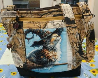 NEW STYLE Pocket and Key Fob  Cat on Broom  Small  Crossbody or Shoulder Adjustable Strap Fabric Purse 100% handmade