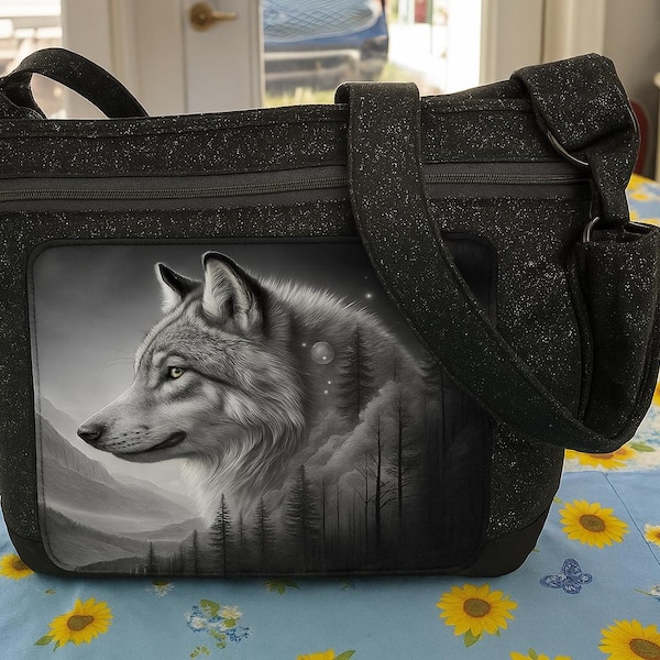 Beautiful Wolf Portrait Crossbody or Shoulder Adjustable Strap Fabric Purse 100%  handmade