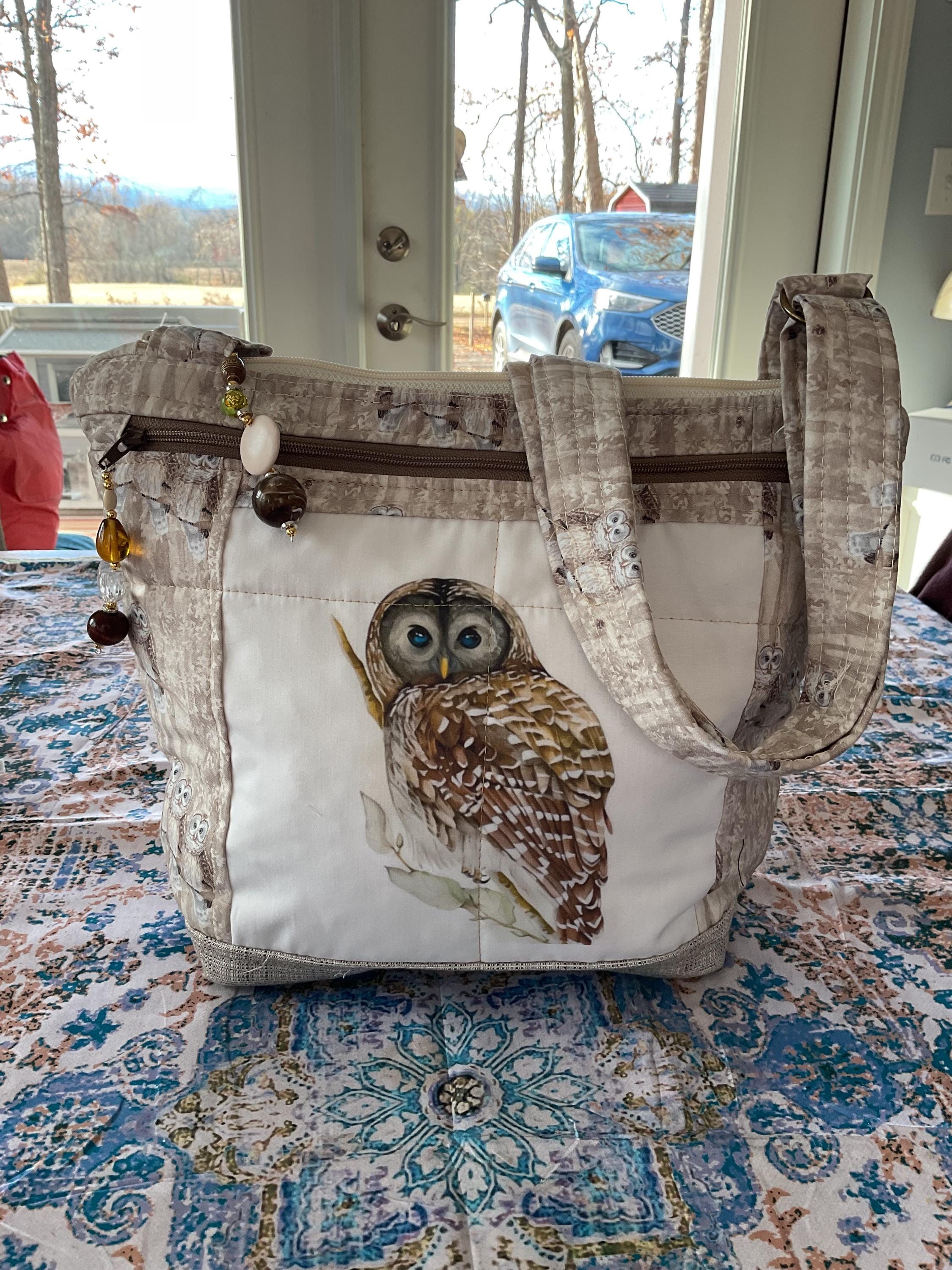 Folk Art Barn Owl Shoulder or Crossbody Strap Fabric Purse 100% handmade