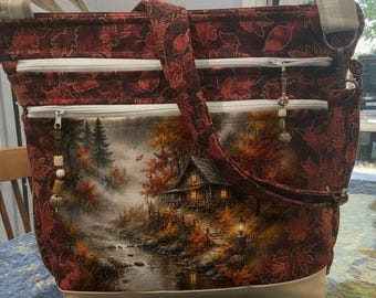 Choose Your Picture Autumn Scene on Leaf 7 Zipper with Secured Zipper, Double Pocket and Key Fob Adjustable Strap Fabric Purse  handmade