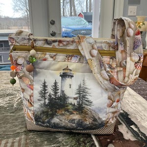 Wonderful Lighthouse and Seahorses Double Picture Crossbody or Shoulder Adjustable Strap Fabric Purse   handmade