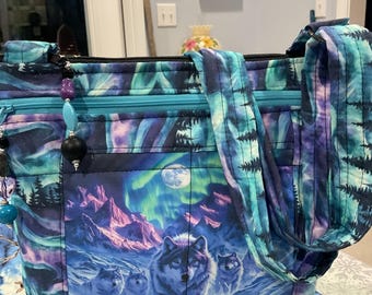 Gran paquete de bolsillo y llavero de lobos y auroras boreales, bolso bandolera o bandolera de tela con correa ajustable, 100% hecho a mano