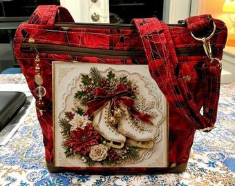 Pick  Your Wonderful  Double Picture  Old Fashioned Winter  Scenes and Red Poinsettias  Small  Adjustable Strap Fabric Purse 100% handmade