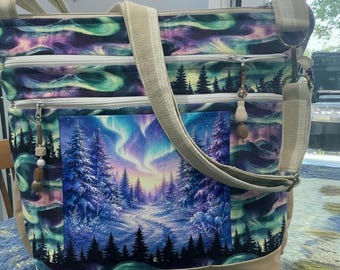 Pocket and Key Fob  Pick Your  Aurora Borealis  Winter  Scene 7 Zipper Crossbody or Shoulder Adjustable Strap Fabric Purse 100% handmade