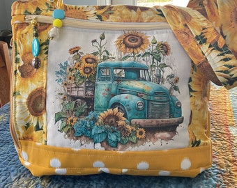 Old Truck and Sunflowers Shoulder or Crossbody Adjustable Strap Fabric Purse 100% Handmade