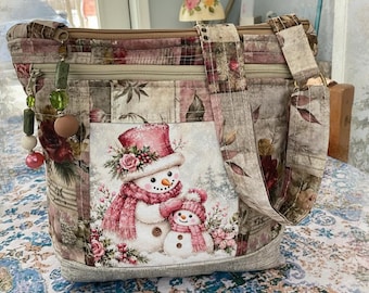 Choose Your  Old Fashioned  Snowman and Roses Small  Pocket  and Key Fob  Crossbody or Shoulder Adjustable Strap Fabric Purse 100% handmade