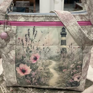 Pastel Lighthouse Scene Water Repellent Crossbody or Shoulder Adjustable Strap Fabric Purse 100% handmade