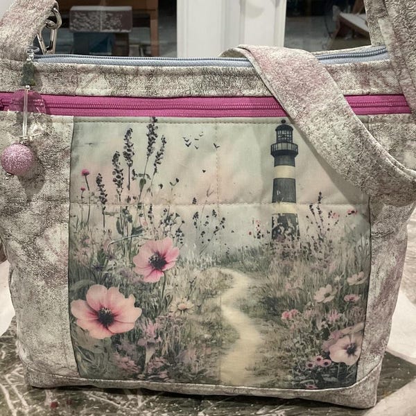 Pastel Lighthouse Scene Water Repellent Crossbody or Shoulder Adjustable Strap Fabric Purse 100% handmade