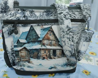 Winter Scenes of Wonderful Old Barns  Your Choice Pocket and Key Fob Crossbody or Shoulder Adjustable Strap Fabric Purse 100% handmade