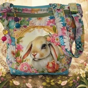Könnte beinhalten: Eine Schultertasche mit floralem Patchwork-Design und einer Kaninchen-Illustration. Die Tasche hat einen türkisfarbenen Boden und Träger mit Reißverschluss. Bunte Perlen hängen an der Seite. Das Design ist verspielt und feminin.
