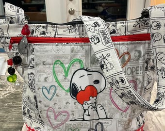 NEW STYLE Pocket and Key Fob Funny Snoopy and Hearts  Crossbody or Shoulder Adjustable Strap Fabric Purse 100% handmade