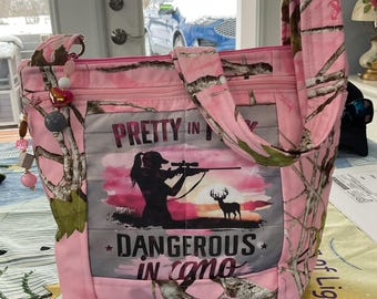 Woman Hunting  Matched to Water Repellent Pink Camo Crossbody or Shoulder Adjustable Strap Fabric Purse 100%  handmade
