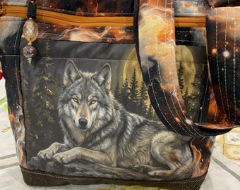 Prachtige wolven en maan dubbele foto crossbody of schouder verstelbare riem stoffen tas 100% handgemaakt