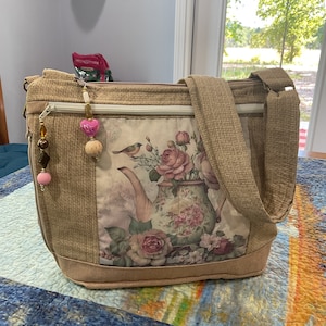 Magnifique théière vintage et roses bandoulière ou bandoulière réglable en tissu 100 % fait main