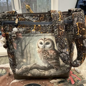 Great Pocket and Key Fob Owl in Wood Looking Fabric Crossbody or Shoulder Adjustable Strap Fabric Purse 100% handmade