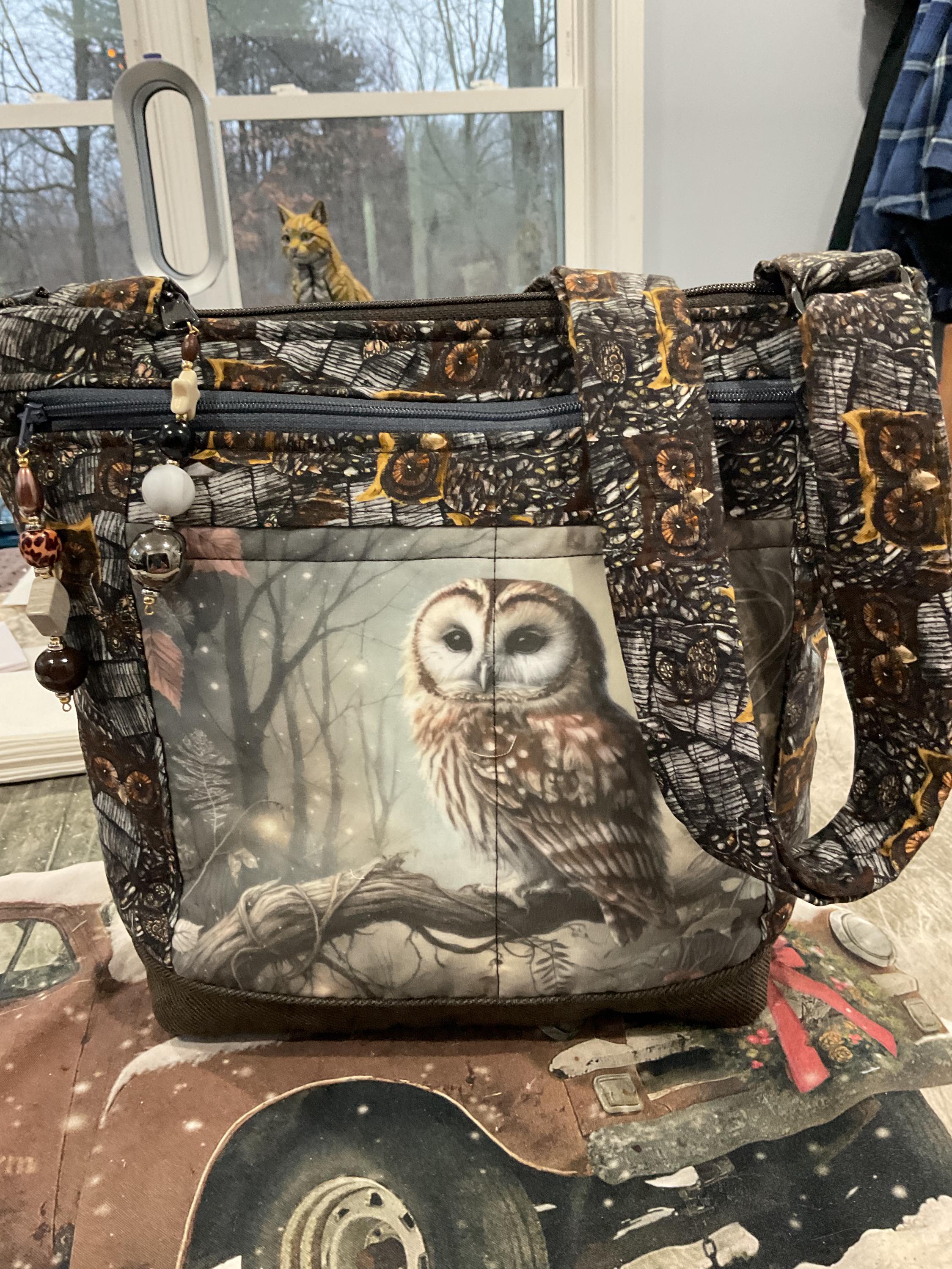 Great Pocket and Key Fob Owl in Wood Looking Fabric Crossbody or Shoulder Adjustable Strap Fabric Pu