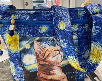 新スタイル ポケット＆キーホルダー付き ゴッホ「星月夜」と猫柄 クロスボディまたはショルダーストラップ付き 調節可能な布製ハンドバッグ 100%手作り
