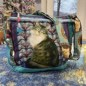 Leslie Anne ivoire portrait de chat en tissu bandoulière ou bandoulière avec fermeture éclair sécurisée 100 % fait main