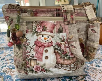Pick Your Pink Old Fashioned Snowman and Roses  Pocket  and Key Fob  Crossbody or Shoulder Adjustable Strap Fabric Purse 100% handmade