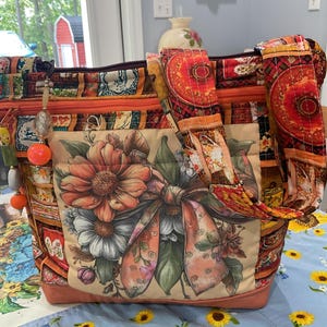 Fun Fall Patchwork Purse with Bow and Flowers Pocket and Key Fob  Crossbody or Shoulder Adjustable Strap Fabric Purse 100% handmade